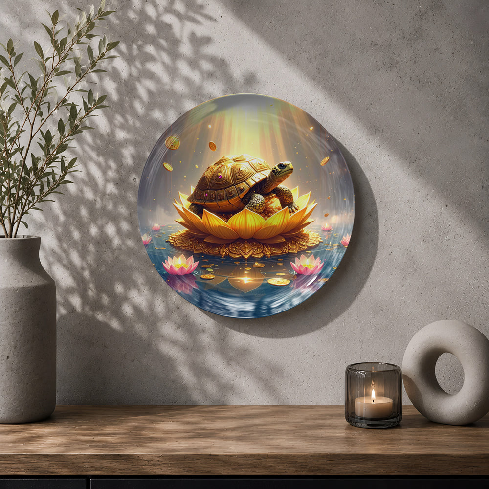 Wealth turtle ceramic wall decor plate with golden lotus artwork and vibrant blue background