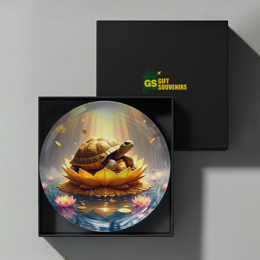 Vaastu wealth turtle ceramic wall plate presented in a premium gift box for prosperity gifting