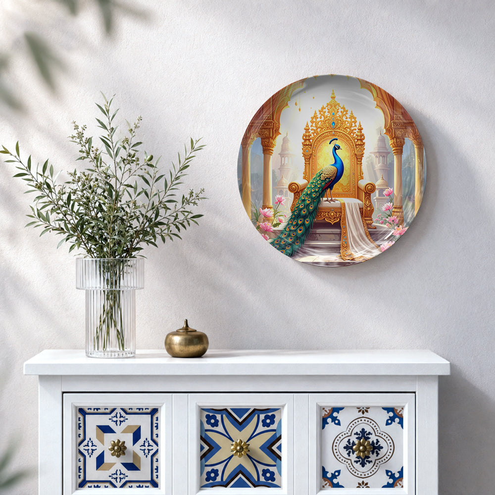 Vaastu peacock ceramic wall plate featuring a majestic peacock in a grand royal palace setting