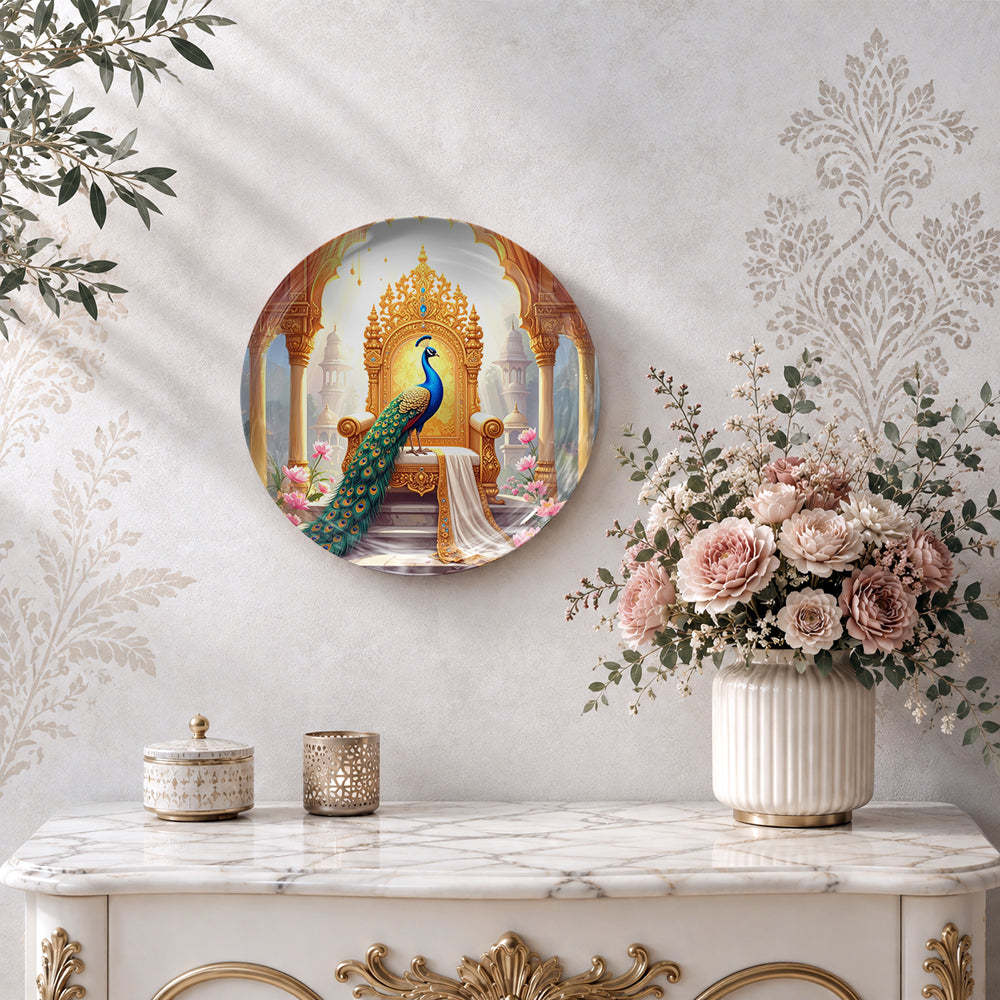 Royal Peacock Majesty ceramic wall decor plate with vibrant peacock feathers and golden architecture