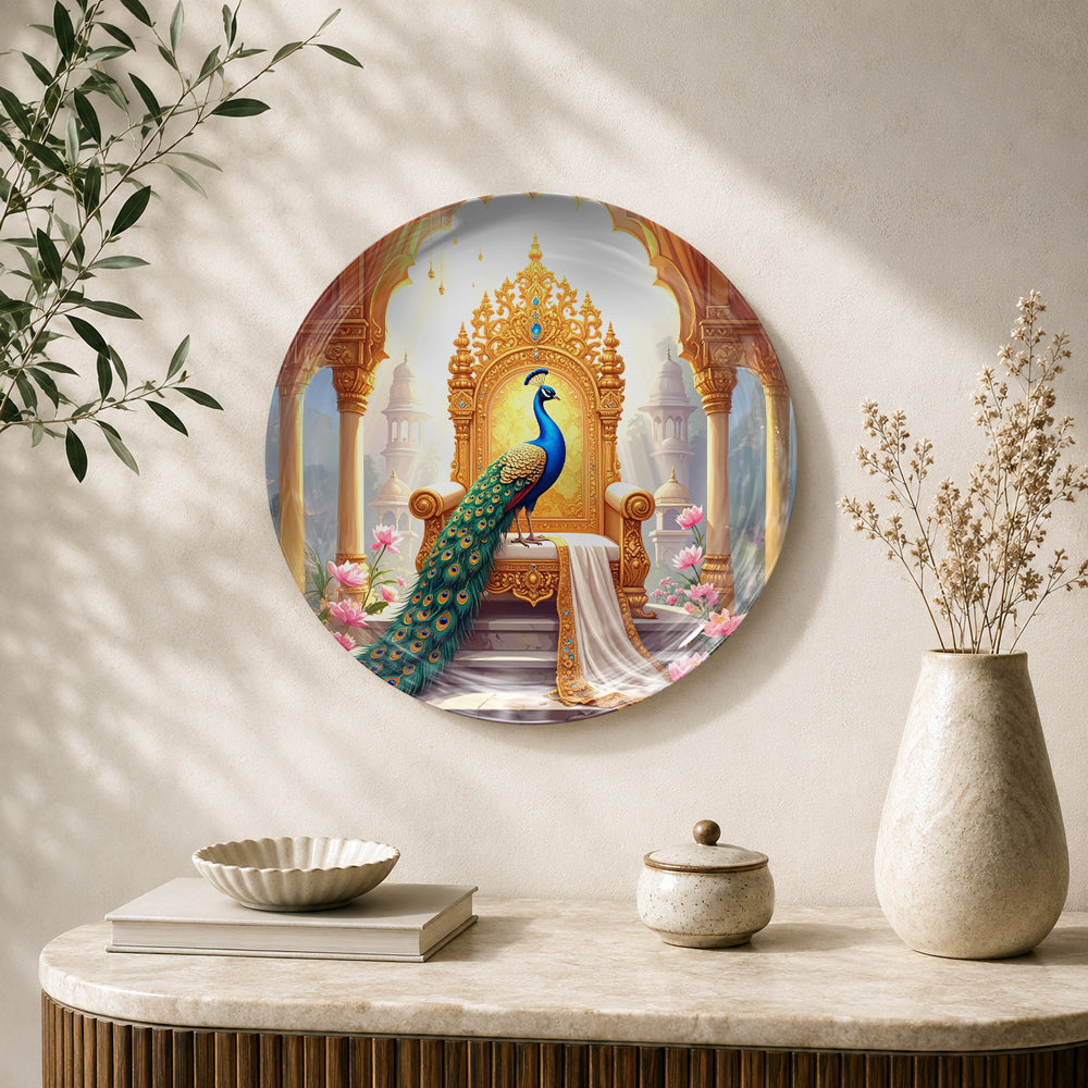 Royal Peacock Majesty Vaastu ceramic wall plate with peacock and ornate palace artwork