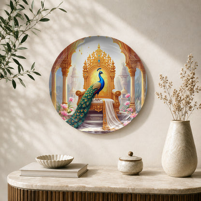Royal Peacock Majesty Vaastu ceramic wall plate with peacock and ornate palace artwork