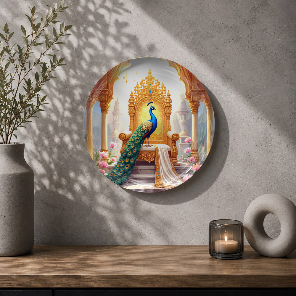 Royal Peacock Majesty ceramic wall plate displayed with a premium gift box for gifting