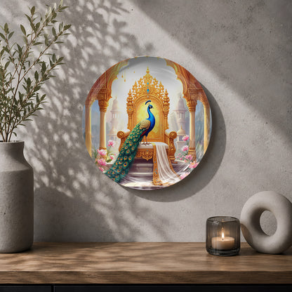 Royal Peacock Majesty ceramic wall plate displayed with a premium gift box for gifting