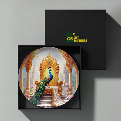 Vaastu peacock ceramic wall plate with royal palace artwork presented in a premium gift box