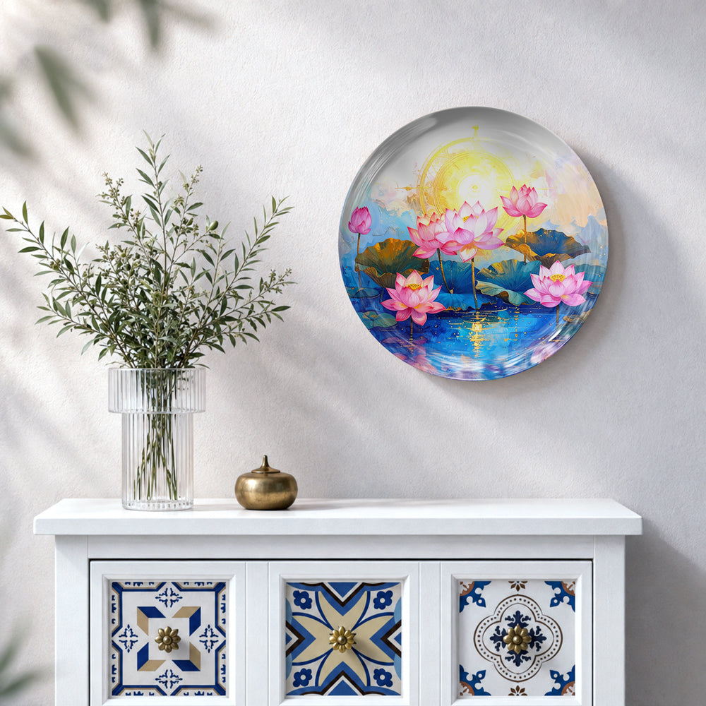Vaastu lotus ceramic wall plate with pink blossoms, blue water and golden sunset artwork