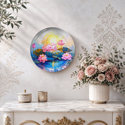 Lotus Radiance spiritual wall decor plate with blooming lotus flowers for peaceful home interiors
