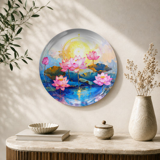 Lotus Radiance Vaastu ceramic wall plate with blooming pink lotus flowers and blue water