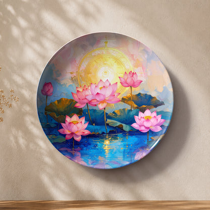 Lotus Radiance decorative ceramic wall plate featuring vibrant lotus flowers and serene water reflections