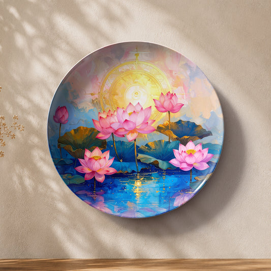 Lotus Radiance decorative ceramic wall plate featuring vibrant lotus flowers and serene water reflections