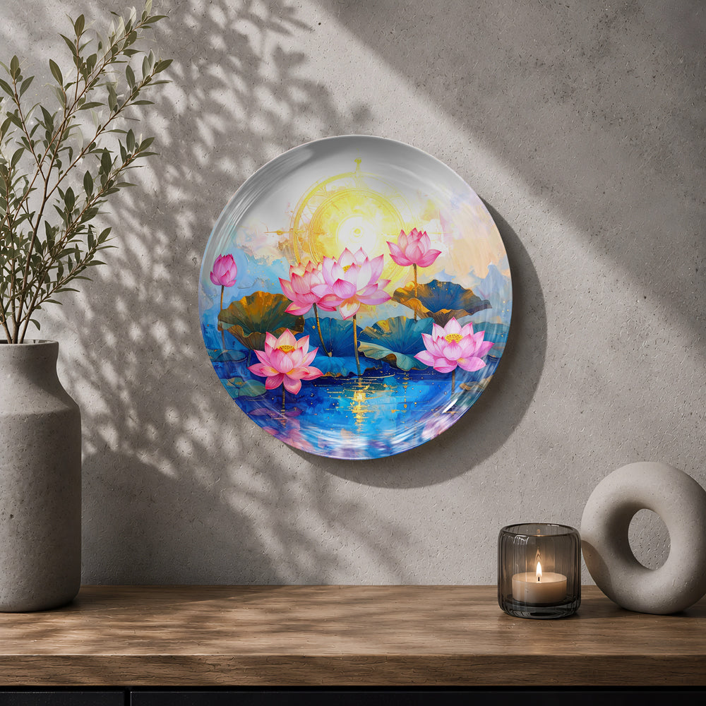 Decorative pink lotus ceramic wall plate inspired by Vaastu and Indian spiritual art
