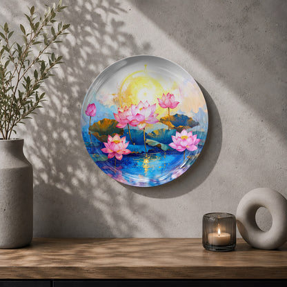 Decorative pink lotus ceramic wall plate inspired by Vaastu and Indian spiritual art