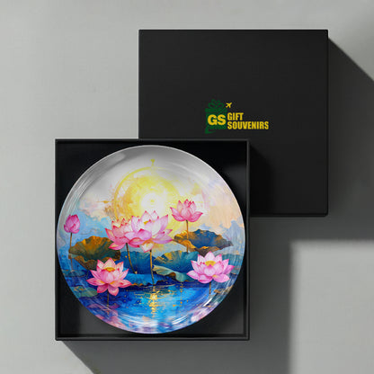 Blooming lotus ceramic wall plate with serene water artwork presented in a premium gift box
