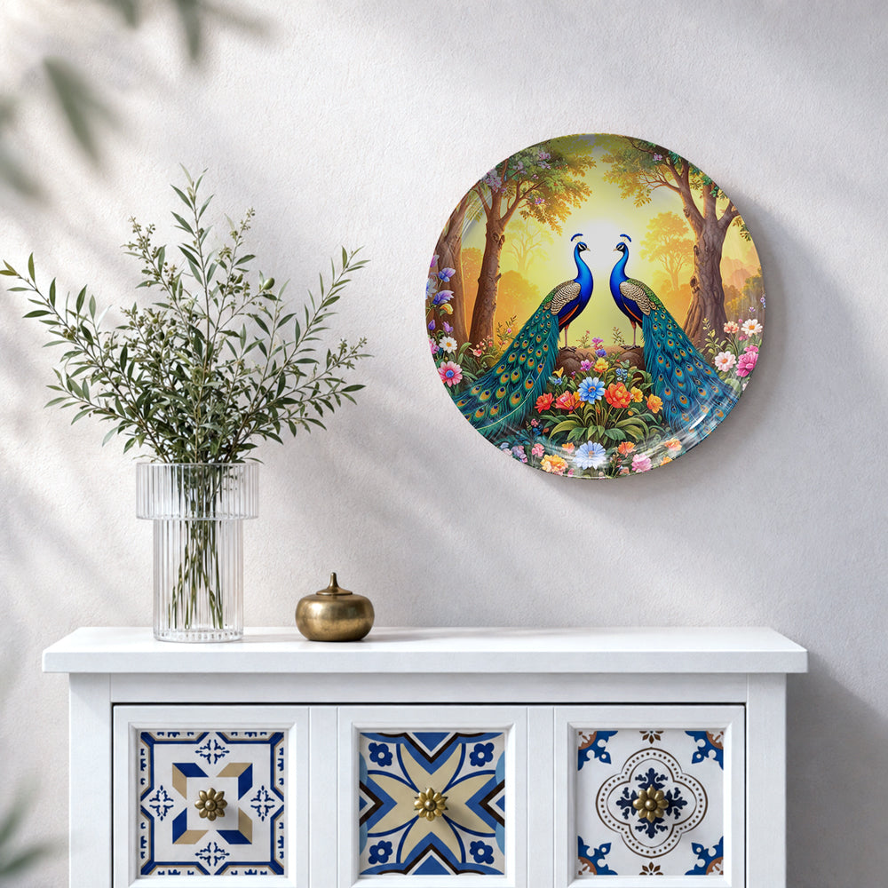 Twin peacock Vaastu wall decor plate with blue-green feathers and colorful flowers