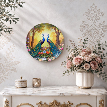Decorative Vaastu ceramic wall plate with two majestic peacocks and floral artwork