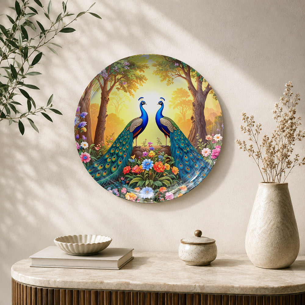 Twin Peacock Paradise Vaastu ceramic wall plate with two peacocks and colorful floral artwork