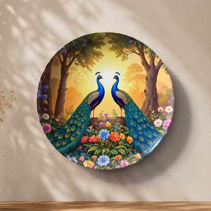 Vaastu peacock ceramic wall plate featuring twin peacocks in a vibrant garden landscape