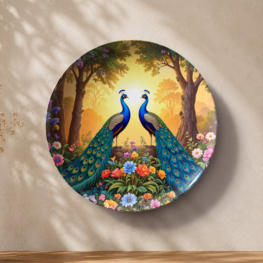 Vaastu peacock ceramic wall plate featuring twin peacocks in a vibrant garden landscape