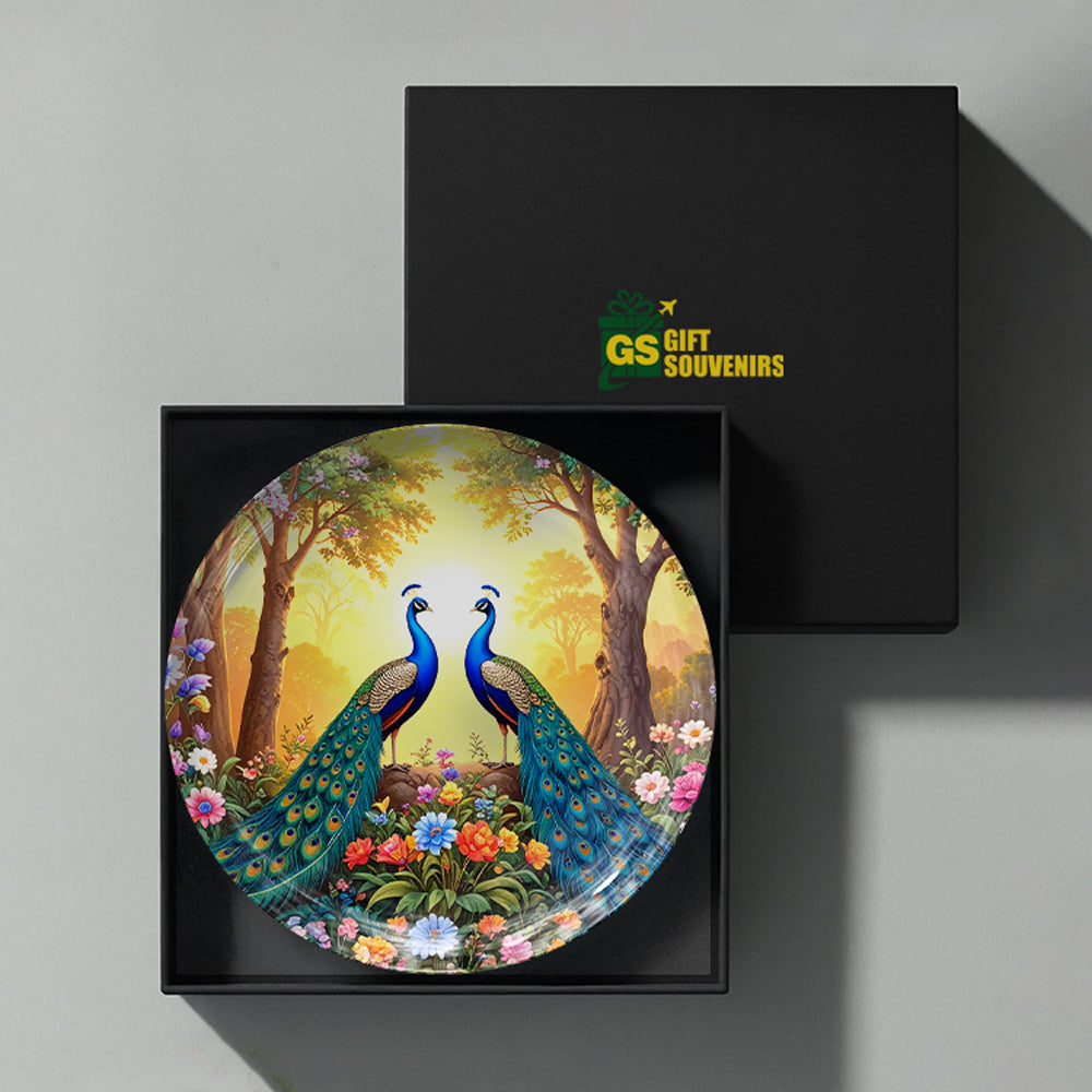 Twin Peacock Paradise Vaastu ceramic wall plate presented in a premium gift box for gifting