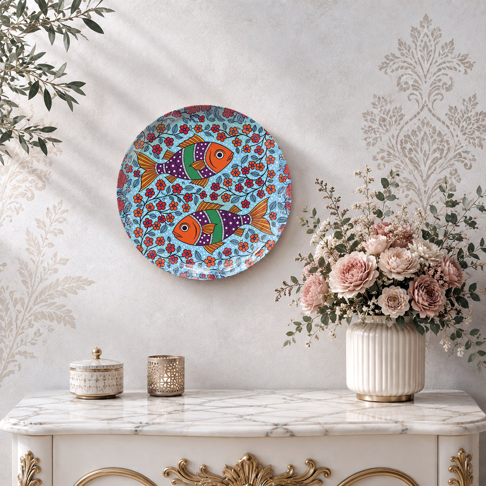 Floral Fish Harmony ceramic wall plate featuring three decorative fish and intricate patterns