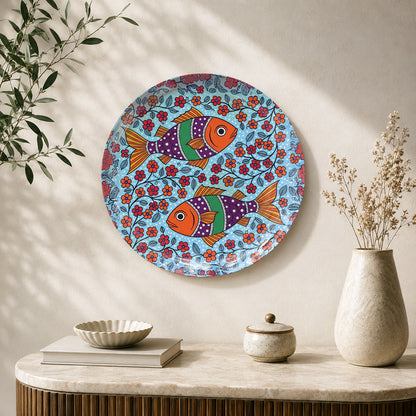 Floral Fish Harmony folk art ceramic wall plate with colorful fish and floral patterns