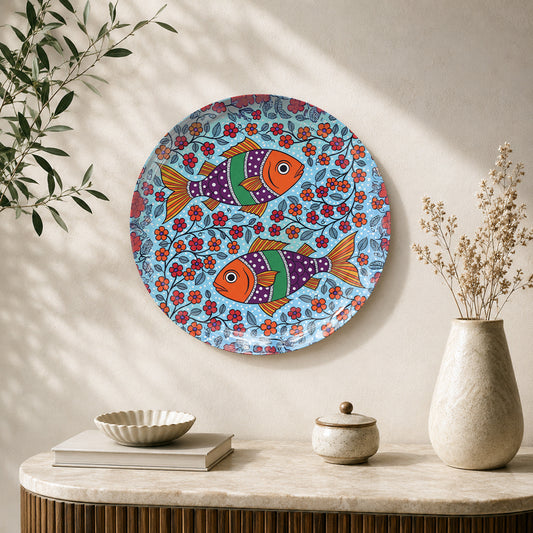 Floral Fish Harmony folk art ceramic wall plate with colorful fish and floral patterns