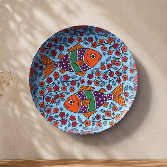 Floral Fish Harmony decorative ceramic wall plate featuring vibrant folk art fish artwork