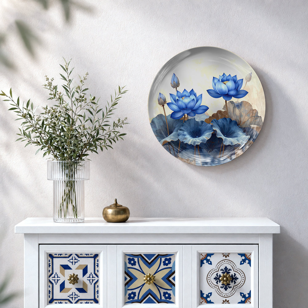 Blue lotus ceramic wall plate with botanical artwork for elegant living room wall decor