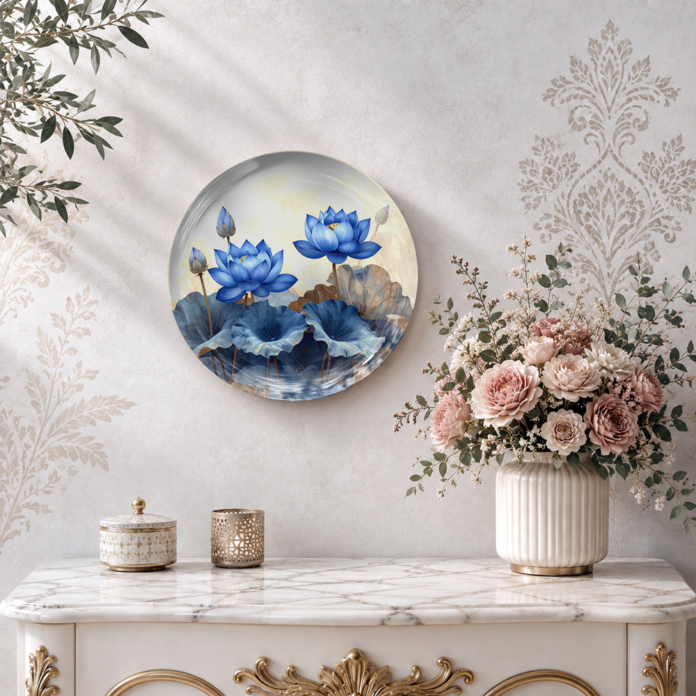 Azure Lotus Elegance ceramic wall plate featuring blue lotus blossoms and tranquil water