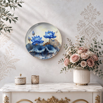Azure Lotus Elegance ceramic wall plate featuring blue lotus blossoms and tranquil water