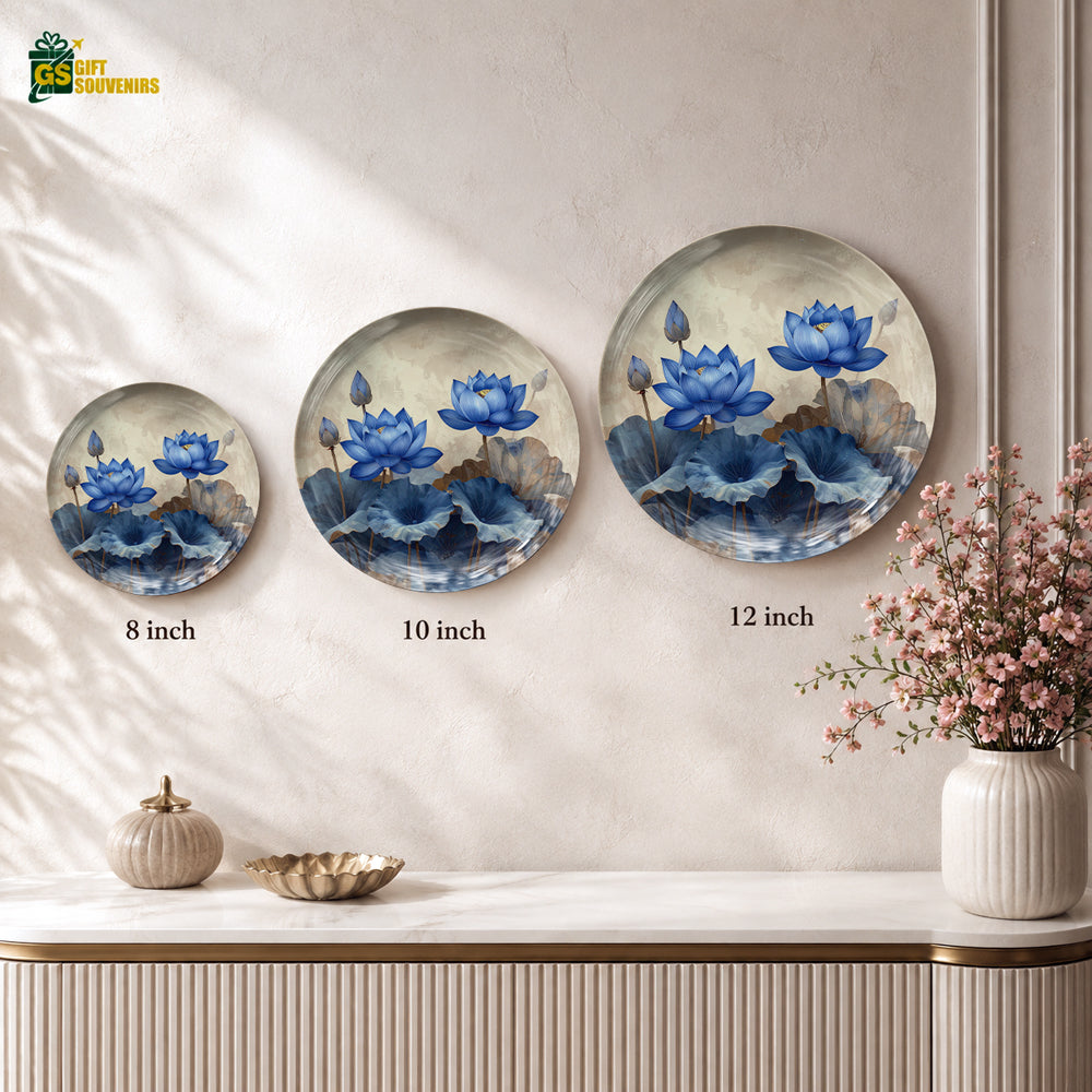 Azure Lotus Elegance ceramic wall plate displayed with a premium gift box for gifting