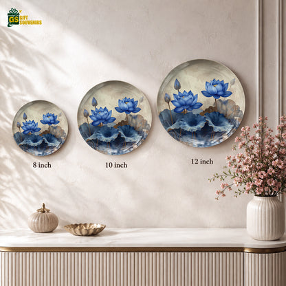 Azure Lotus Elegance ceramic wall plate displayed with a premium gift box for gifting