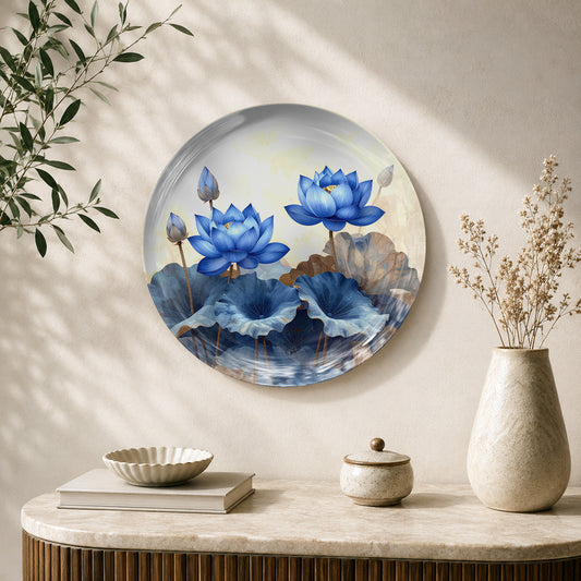 Azure Lotus Elegance blue lotus ceramic wall plate with serene floral artwork for home decor