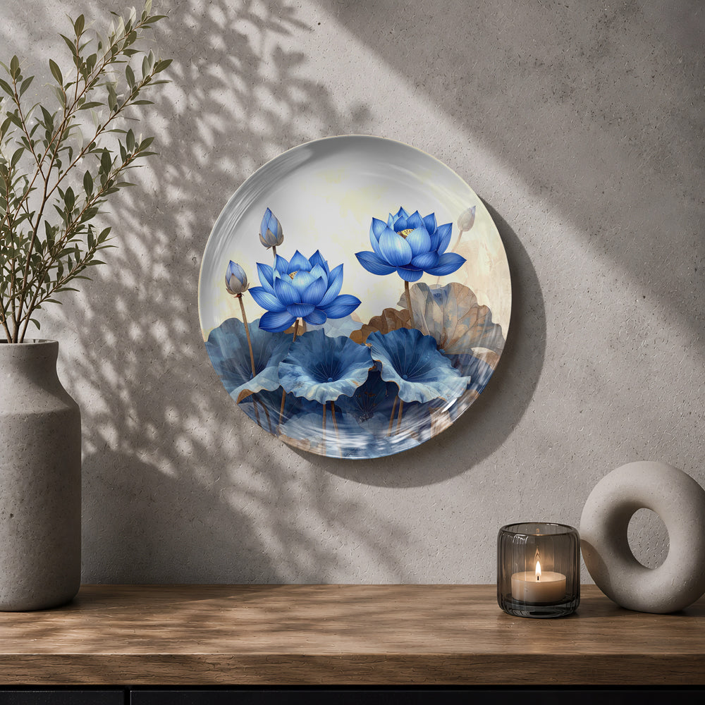 Decorative blue lotus wall plate with botanical artwork for nature-inspired home interiors