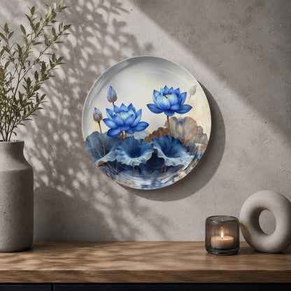 Decorative blue lotus wall plate with botanical artwork for nature-inspired home interiors