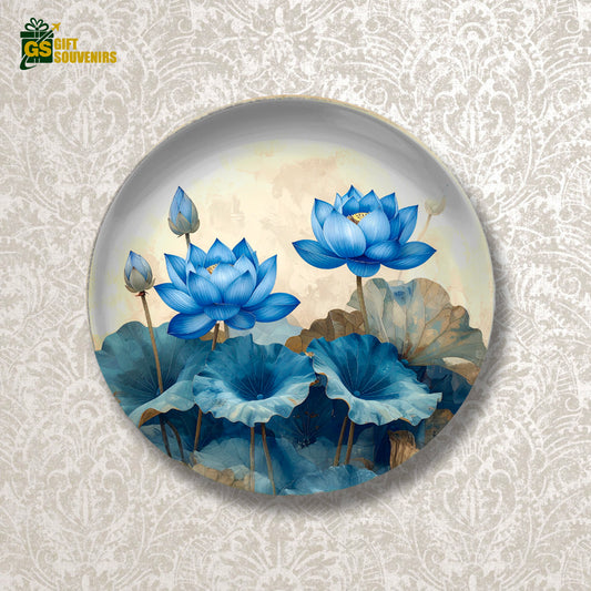 Azure Lotus Elegance – Blue Blossom Ceramic Wall Plate