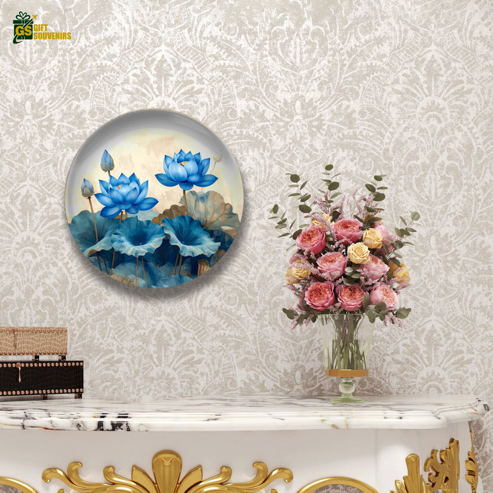 Azure Lotus Elegance – Blue Blossom Ceramic Wall Plate