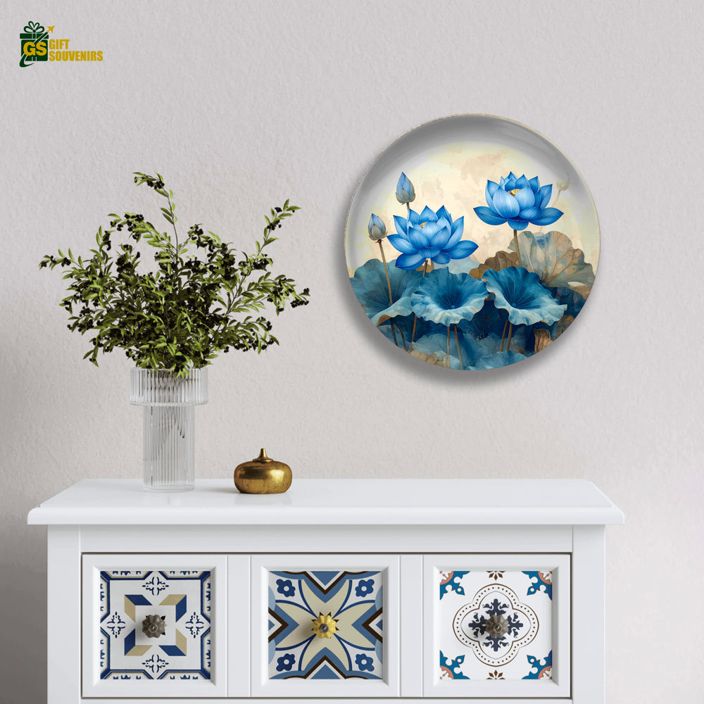 Azure Lotus Elegance – Blue Blossom Ceramic Wall Plate