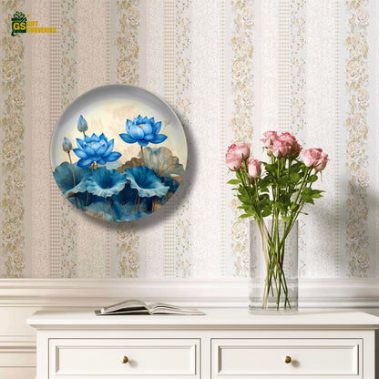 Azure Lotus Elegance – Blue Blossom Ceramic Wall Plate