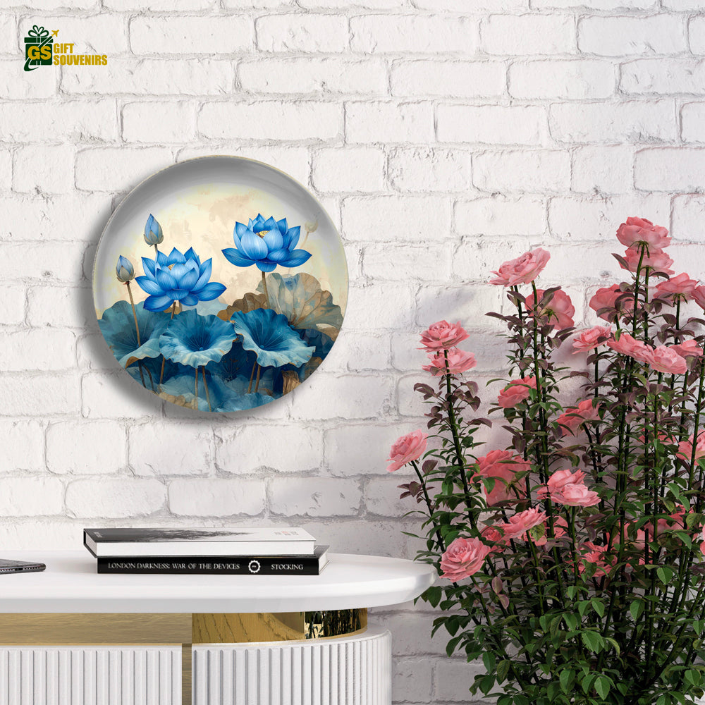 Azure Lotus Elegance – Blue Blossom Ceramic Wall Plate