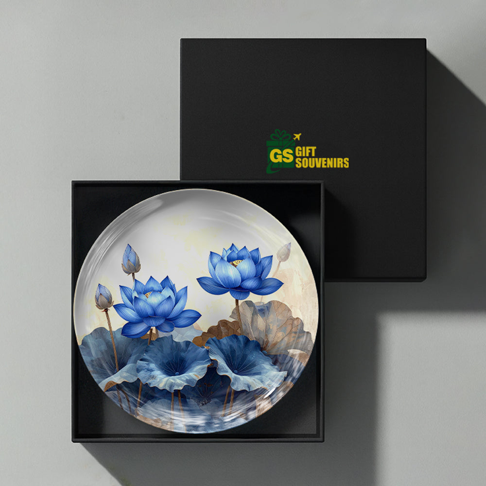 Blue lotus ceramic wall decor plate presented in a premium gift box for elegant home decoration