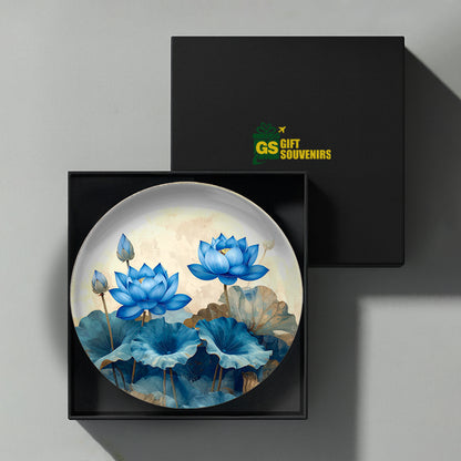 Azure Lotus Elegance – Blue Blossom Ceramic Wall Plate
