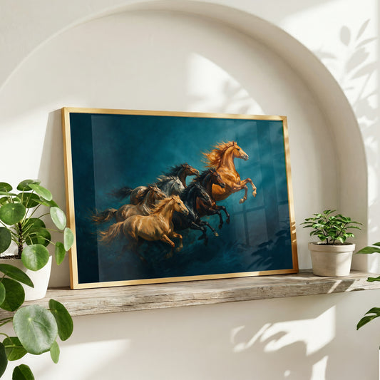 7 running horses Vaastu wall art featuring golden brown black and silver horses in dramatic forward movement