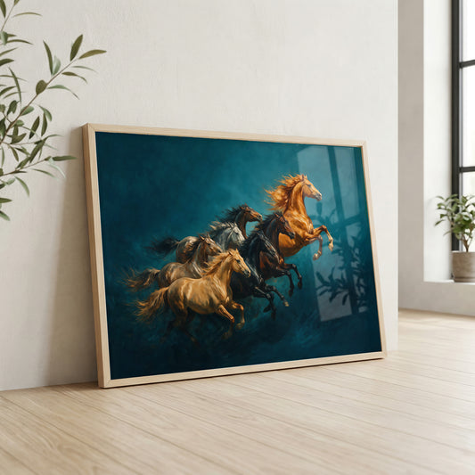 Azure Gallop majestic seven horses canvas wall art featuring seven powerful horses running together against a deep blue background