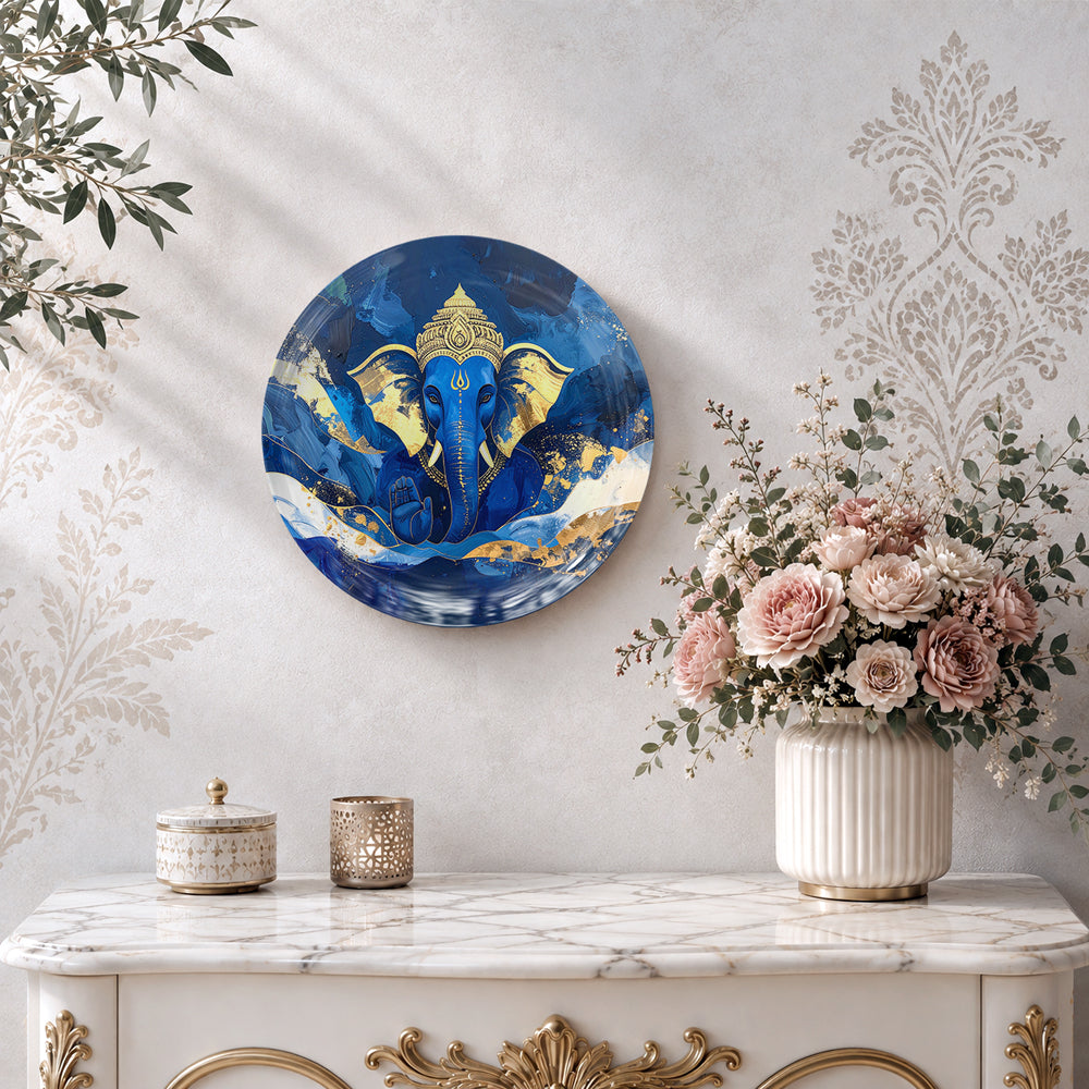 Divine Blue Ganesha Vaastu wall decor plate with contemporary spiritual artwork