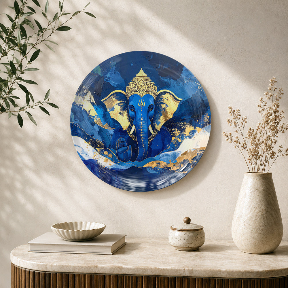 Divine Blue Ganesha ceramic wall plate with blue and golden artwork for Vaastu home decor