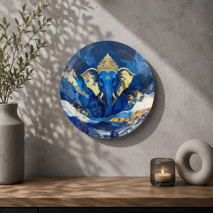 Modern Ganesha ceramic wall plate with deep blue background and elegant golden details