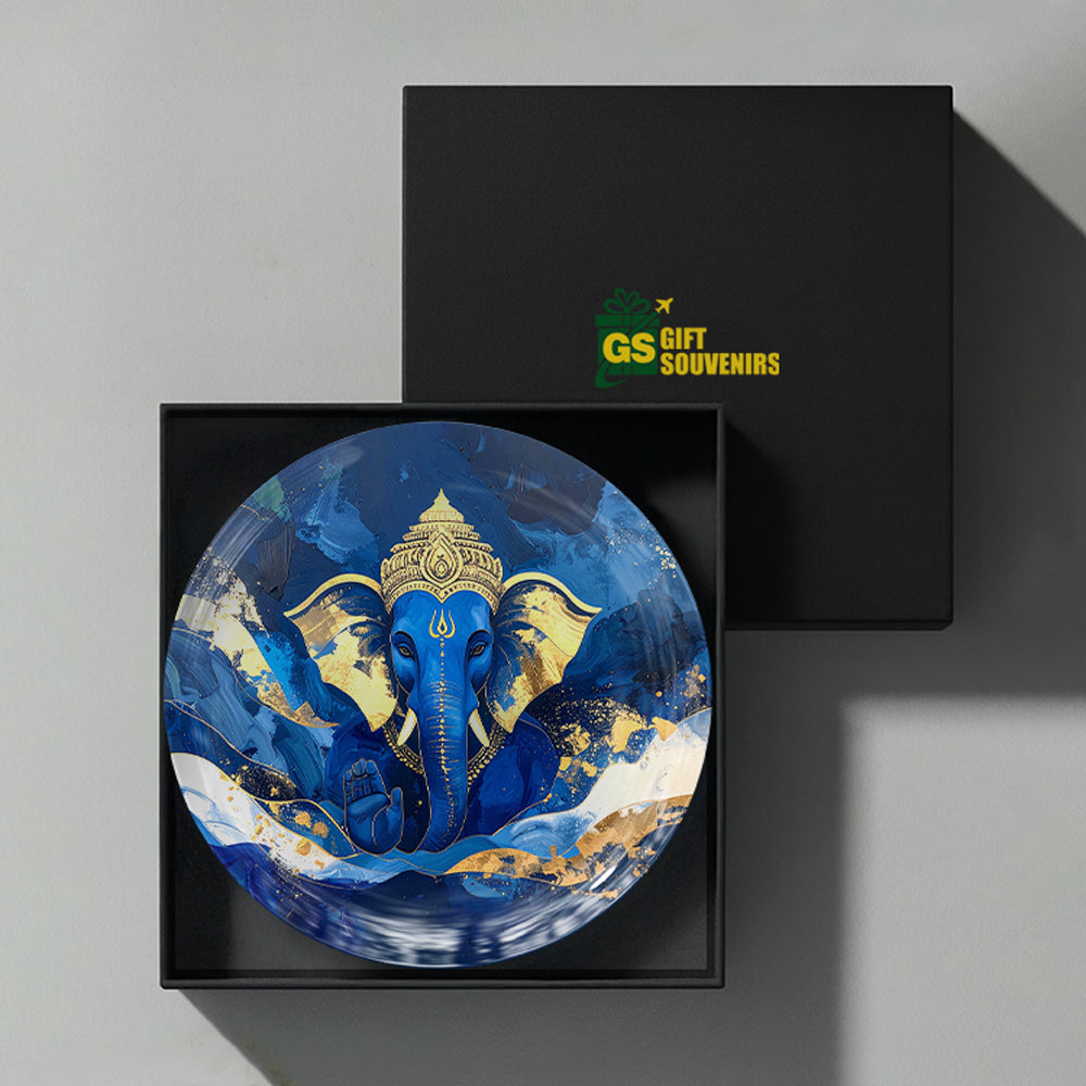 Vaastu Ganesha ceramic wall plate presented in a premium gift box for spiritual home decor