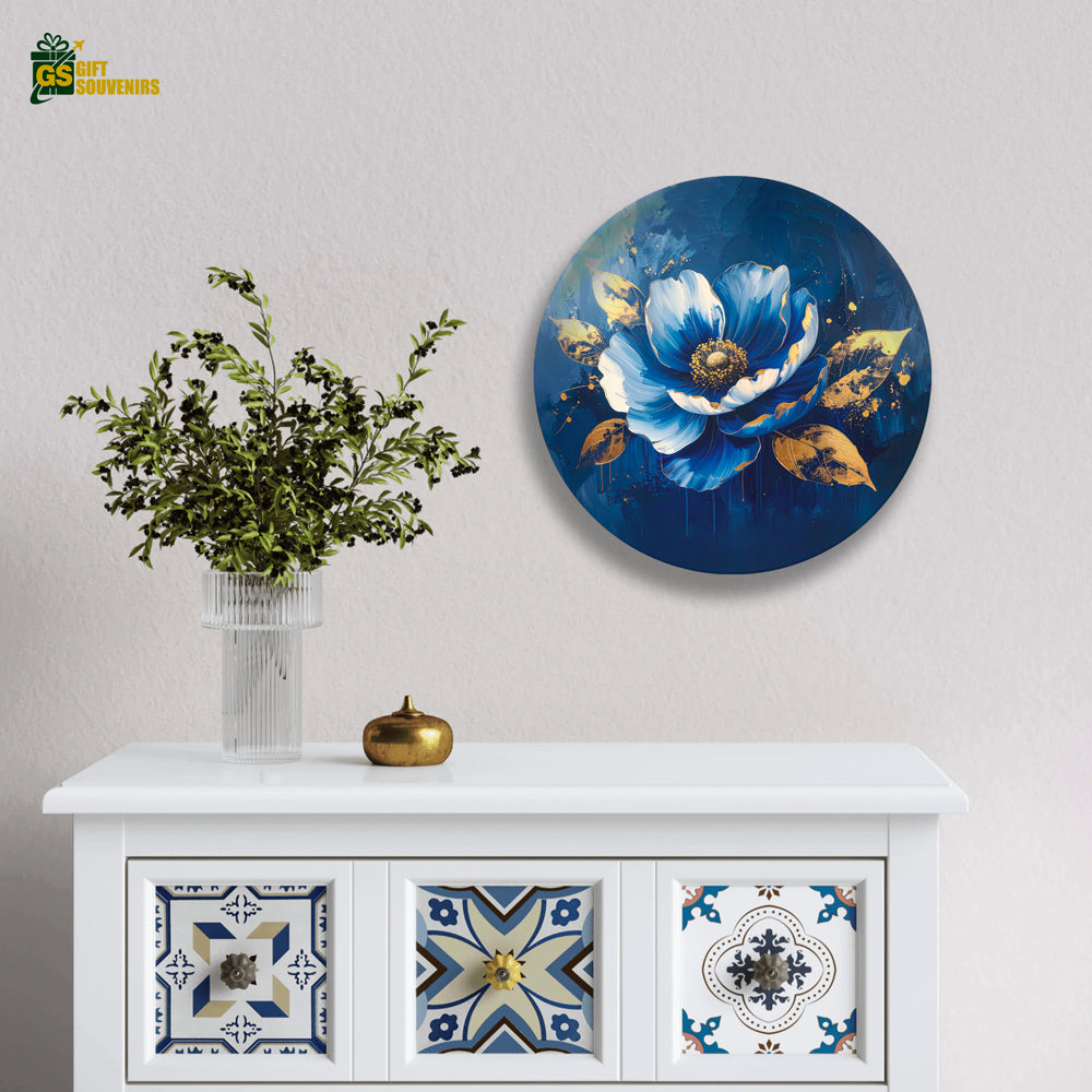 Midnight Bloom – Blue & Gold Floral Ceramic Wall Plate