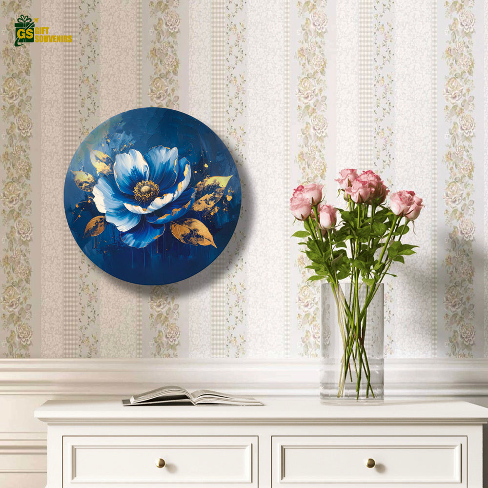 Midnight Bloom – Blue & Gold Floral Ceramic Wall Plate